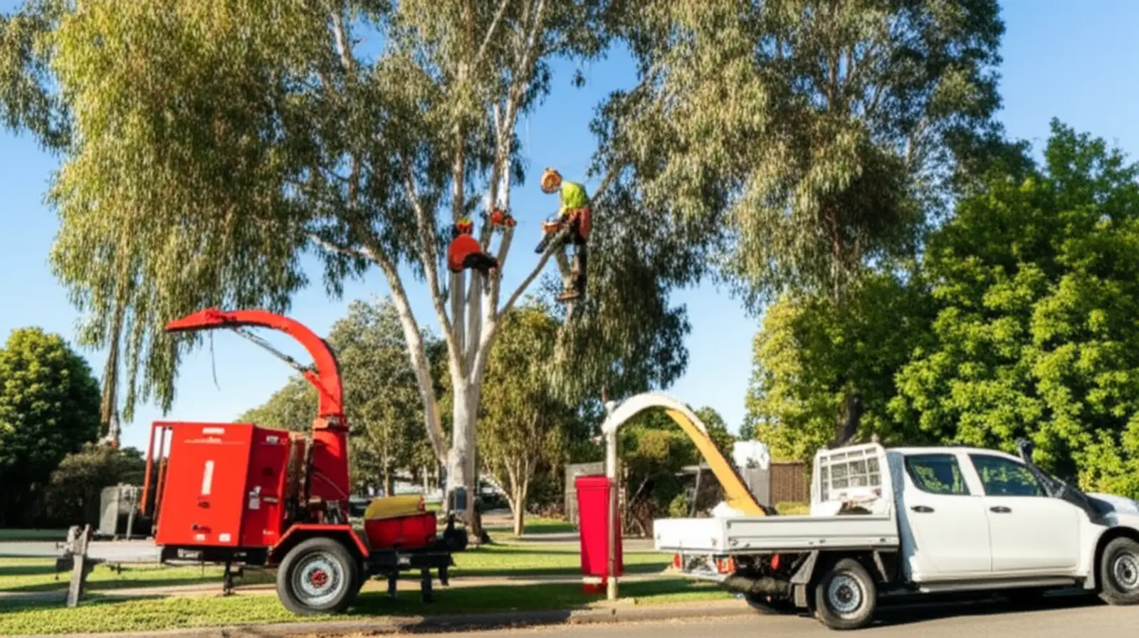 Arborist crew at work with chipper and truck